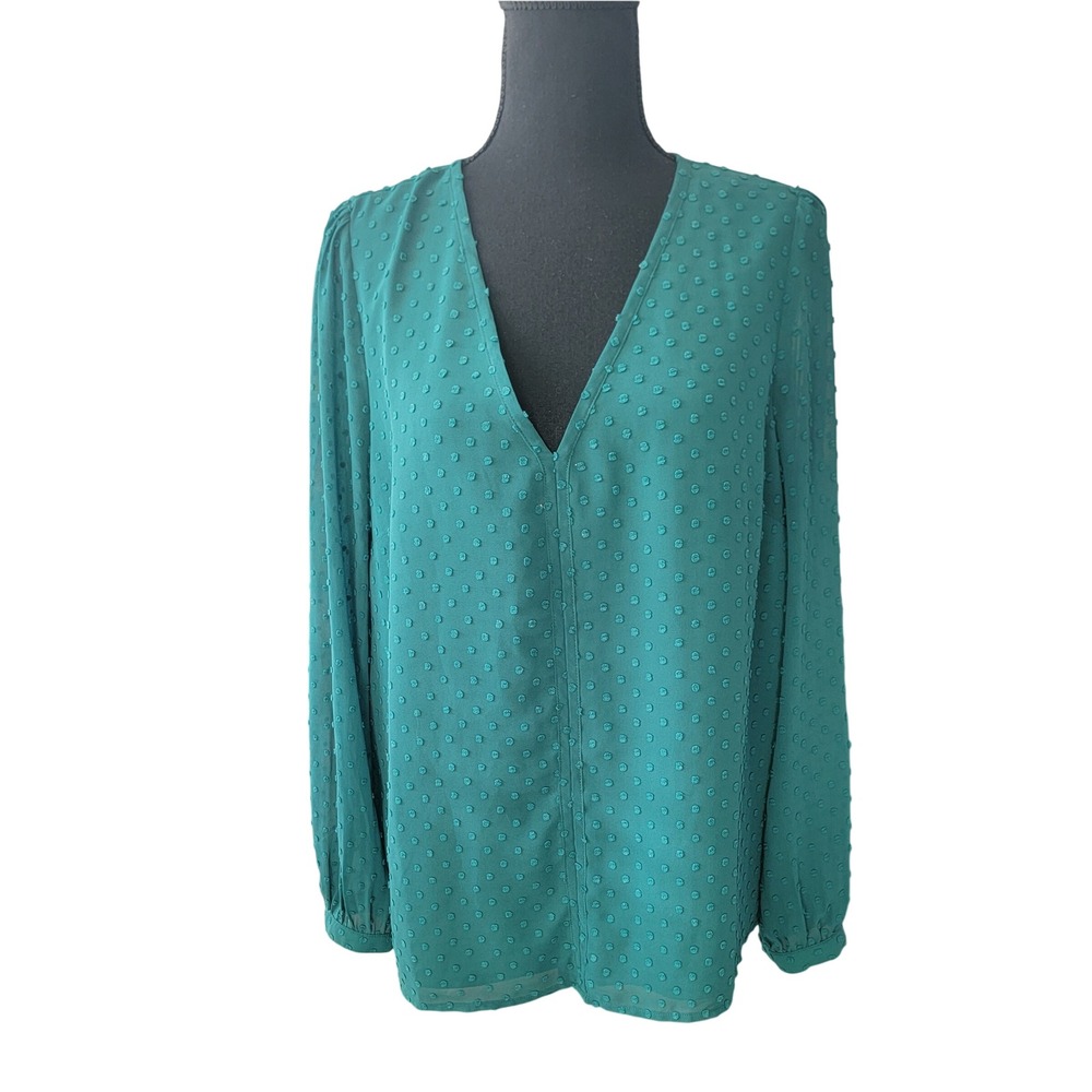 J.Crew Womens Medium Teal Green Swiss Clipped Dot V-Neck Long Sleeve Blouse Top